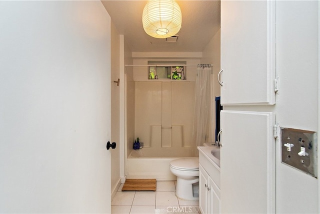 full bathroom with tile patterned flooring, vanity, toilet, and shower / bathtub combination with curtain