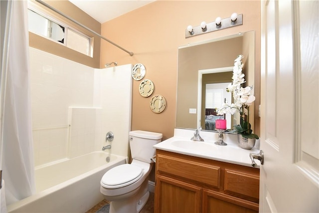 full bathroom with shower / bath combination with curtain, vanity, and toilet