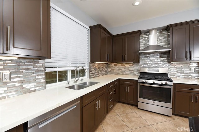 kitchen with wall chimney range hood, sink, decorative backsplash, dark brown cabinets, and stainless steel appliances