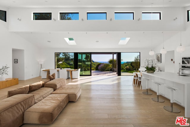 living room featuring light hardwood / wood-style floors and a towering ceiling