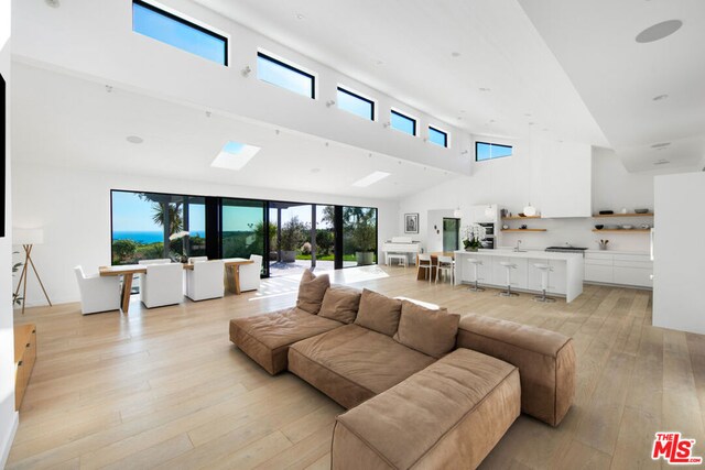 living room with a towering ceiling and light wood-type flooring