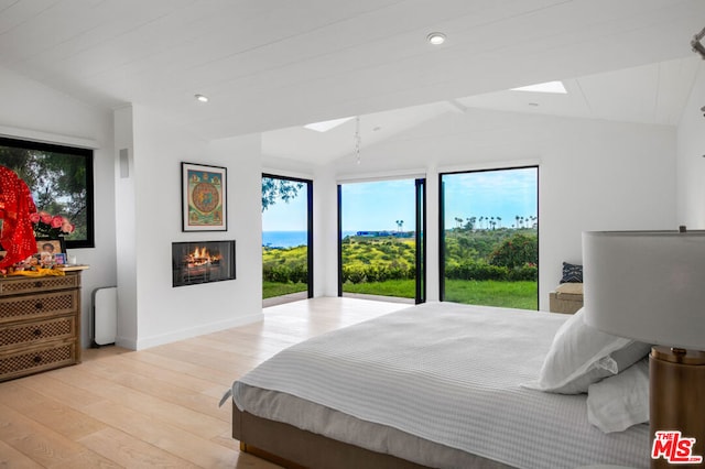 bedroom featuring light hardwood / wood-style floors and lofted ceiling