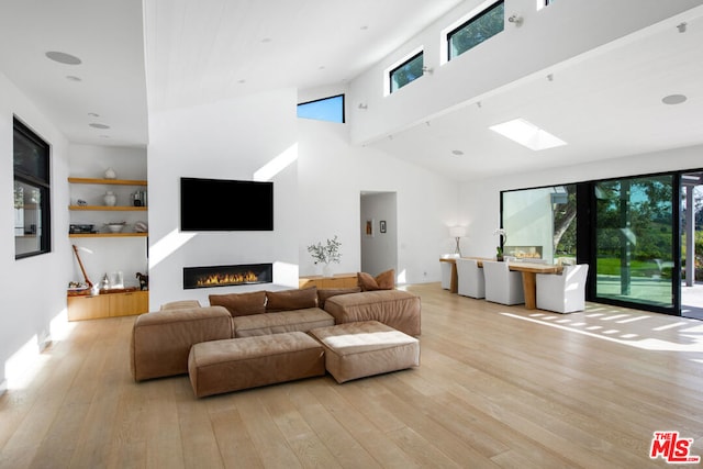 living room with light hardwood / wood-style flooring and high vaulted ceiling