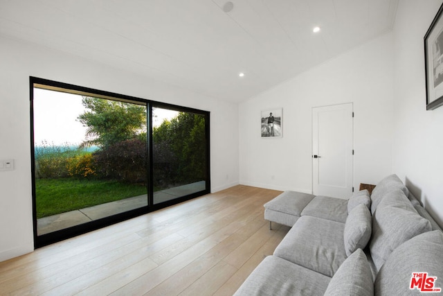 living room featuring light hardwood / wood-style flooring and vaulted ceiling