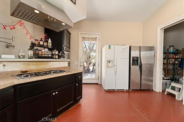 kitchen featuring range hood, finished concrete flooring, stainless steel appliances, light countertops, and dark cabinets