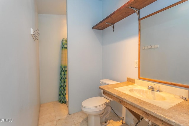 bathroom featuring tile patterned floors, walk in shower, toilet, and sink