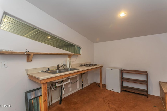 interior space featuring dark carpet and sink