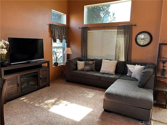 carpeted living room with a high ceiling