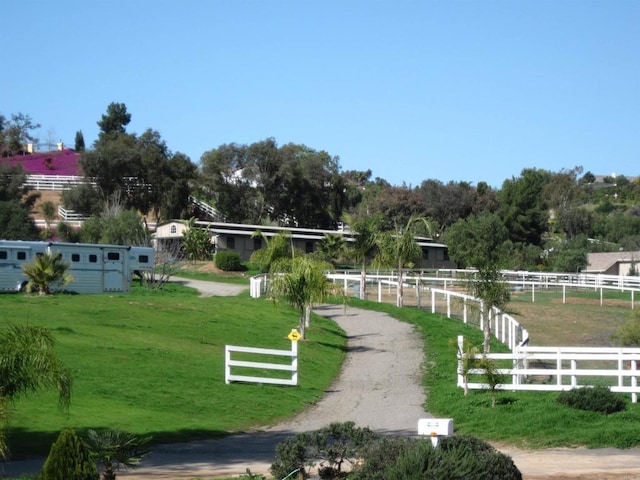 view of property's community with a rural view and a yard