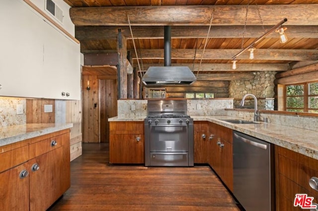 kitchen with sink, dark hardwood / wood-style flooring, appliances with stainless steel finishes, wooden ceiling, and beam ceiling