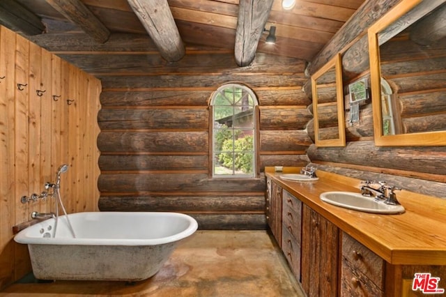 bathroom featuring rustic walls, dual sinks, wood walls, lofted ceiling with beams, and wood ceiling