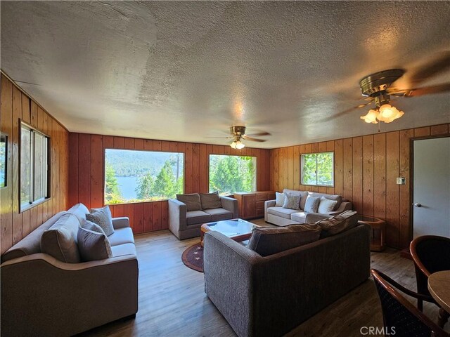 living room with light wood-type flooring and ceiling fan