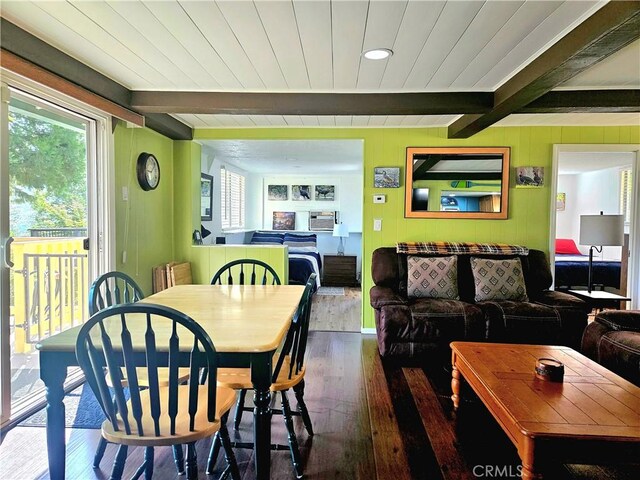 dining area featuring hardwood / wood-style floors and beamed ceiling