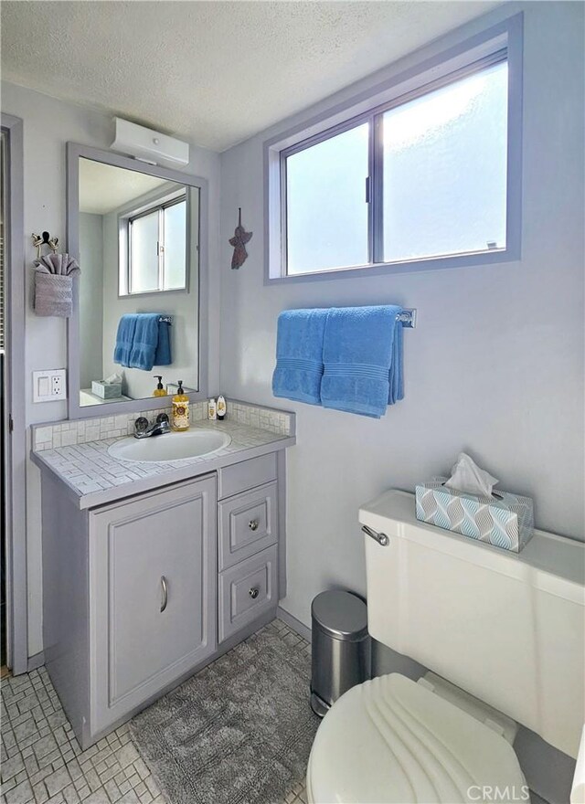 bathroom featuring toilet, vanity, and a textured ceiling