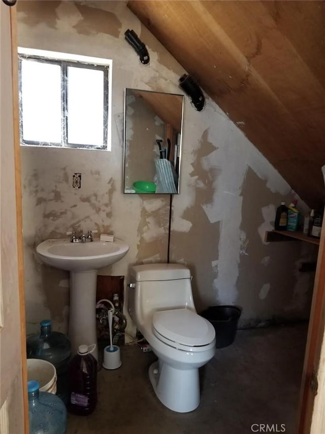 bathroom with toilet and vaulted ceiling