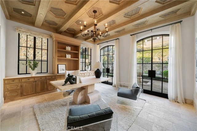 living area featuring beamed ceiling, a chandelier, and coffered ceiling