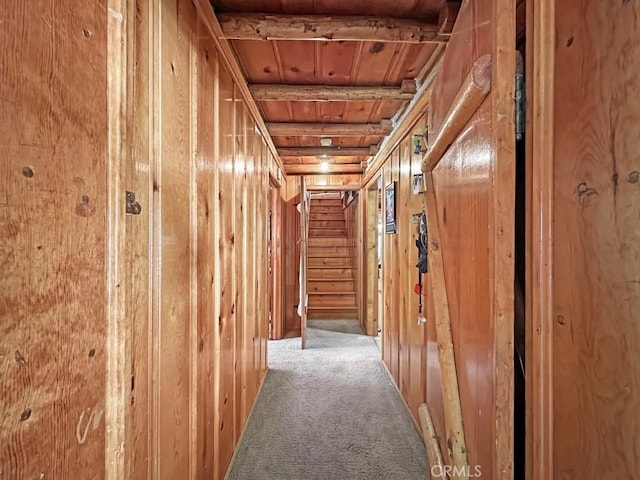 hall featuring carpet, wooden ceiling, and wooden walls