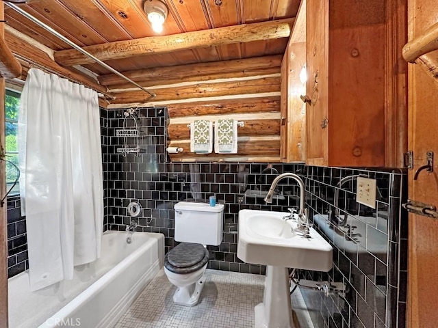 bathroom featuring tile patterned floors, toilet, tile walls, wood ceiling, and shower / tub combo