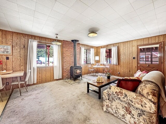 living room featuring carpet floors, a wood stove, and plenty of natural light