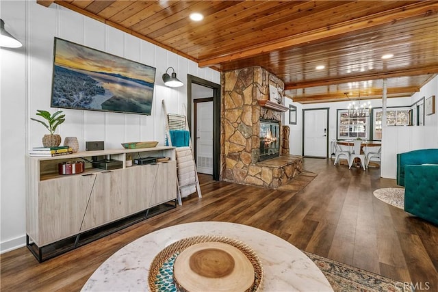 interior space with dark hardwood / wood-style floors, wood ceiling, and a fireplace