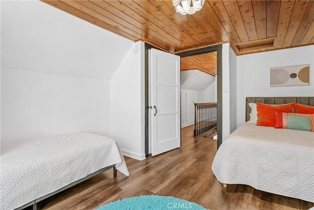 bedroom with wood-type flooring, vaulted ceiling, and wood ceiling