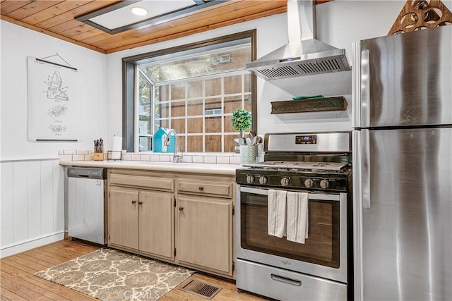 kitchen with light wood-type flooring, range hood, wooden ceiling, and appliances with stainless steel finishes