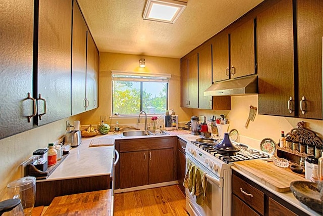 kitchen featuring white range with gas stovetop, dark brown cabinets, light wood-type flooring, a textured ceiling, and sink