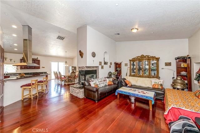 living room featuring vaulted ceiling, a textured ceiling, and dark hardwood / wood-style flooring