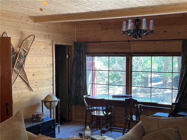 living room featuring hardwood / wood-style floors, wood walls, bar area, beam ceiling, and wood ceiling