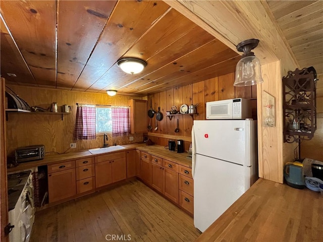 kitchen featuring sink, wooden ceiling, light hardwood / wood-style flooring, white appliances, and wooden walls