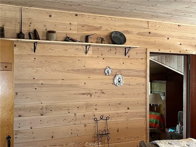 mudroom with wooden walls and wood ceiling