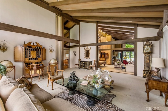 living room featuring beam ceiling, light carpet, and high vaulted ceiling