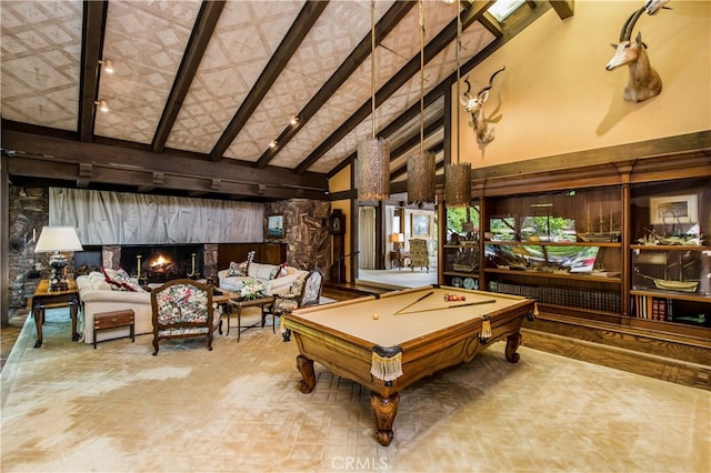 playroom with billiards, high vaulted ceiling, and beam ceiling