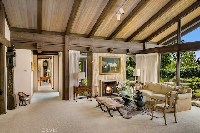 interior space with vaulted ceiling with beams and wood ceiling