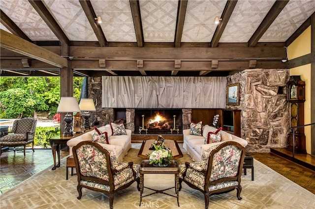 view of patio featuring an outdoor living space with a fireplace