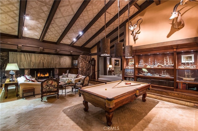 playroom featuring high vaulted ceiling, beam ceiling, and pool table