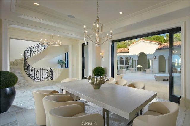 dining space featuring ornamental molding