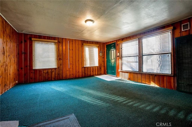 spare room with carpet, wood walls, and a textured ceiling