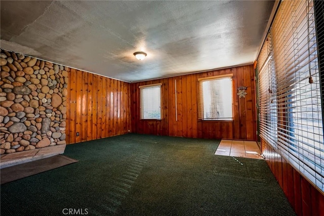 unfurnished room with carpet flooring and wooden walls