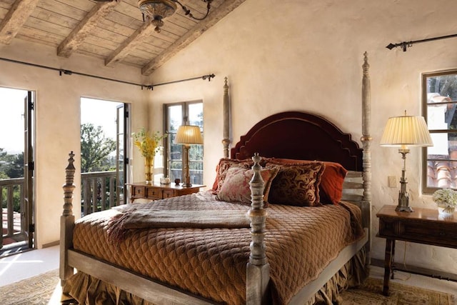 bedroom with access to exterior, vaulted ceiling with beams, and wooden ceiling