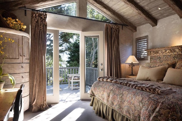 bedroom with access to exterior, vaulted ceiling with beams, and wooden ceiling