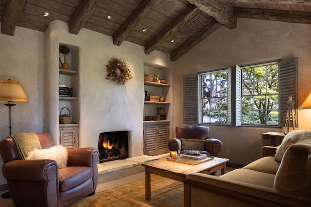 living room with vaulted ceiling with beams, built in features, and wood ceiling