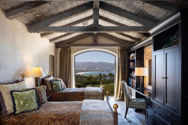 bedroom featuring wooden ceiling, a water and mountain view, and lofted ceiling with beams