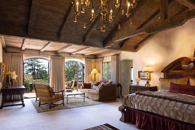 carpeted bedroom with access to outside, vaulted ceiling with beams, wood ceiling, and an inviting chandelier