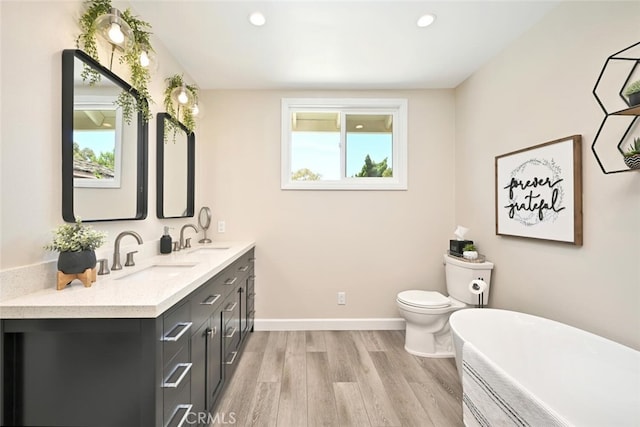 bathroom featuring toilet, plenty of natural light, vanity, and hardwood / wood-style flooring