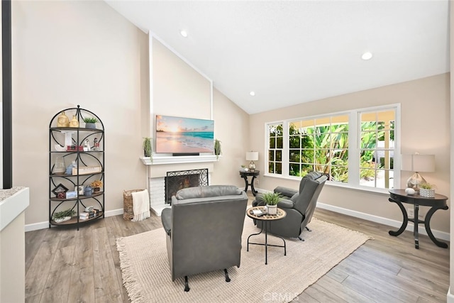 living room featuring a fireplace, high vaulted ceiling, and light hardwood / wood-style flooring