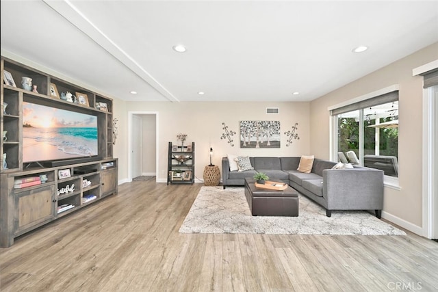 living room with light hardwood / wood-style flooring