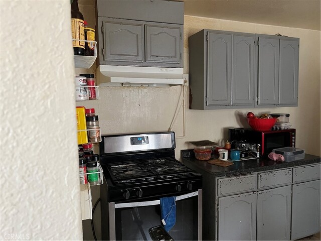 kitchen with gray cabinetry, stainless steel gas range, and exhaust hood