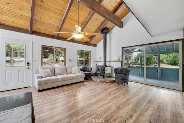 living room with a healthy amount of sunlight, a wood stove, and light hardwood / wood-style flooring