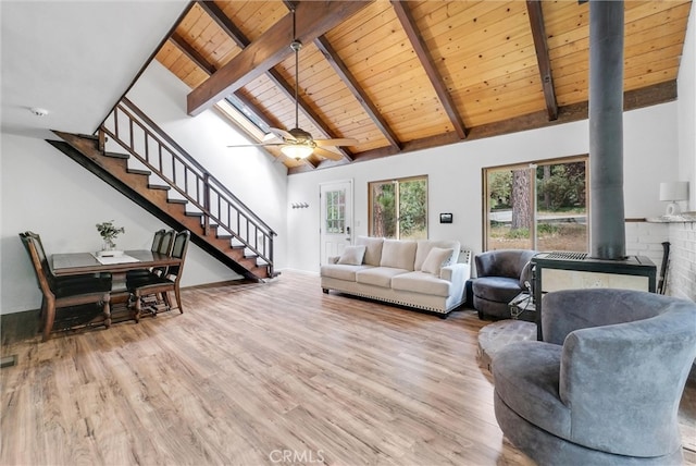 living room with wooden ceiling, ceiling fan, beamed ceiling, light hardwood / wood-style flooring, and a wood stove